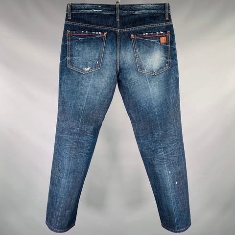 DSQUARED2 Size 32 Blue Distressed Cotton Straight Button Fly Jeans