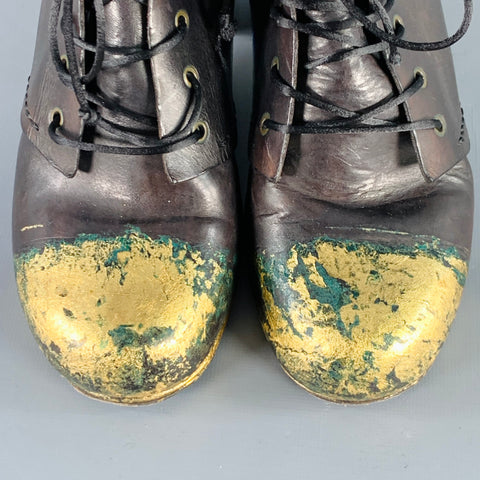 MUNOZ VRANDECIC Size 8 Brown Gold Leather Paint Splattered Wooden Heel Lace-Up Boots