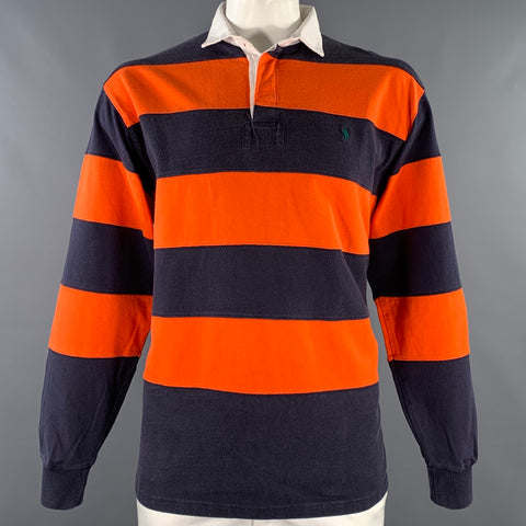 POLO by RALPH LAUREN Size L Orange Navy Stripe Cotton Half Placket Polo