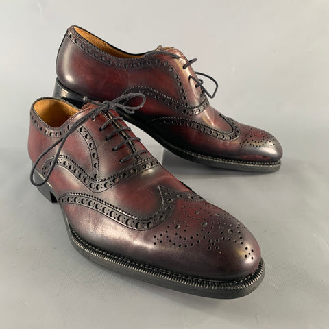 MAGNANNI Size 9.5 Burgundy Antique Leather Wingtip Lace Up Shoes