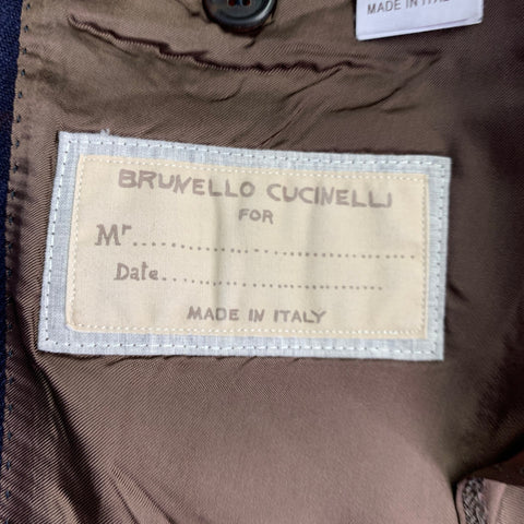 BRUNELLO CUCINELLI Size 46 Navy Brown Plaid Linen Blend Sport Coat