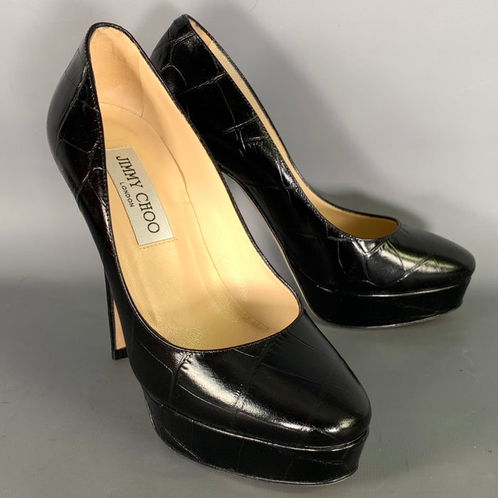 JIMMY CHOO Size 6 Black Leather Croc Embossed Stiletto Pumps