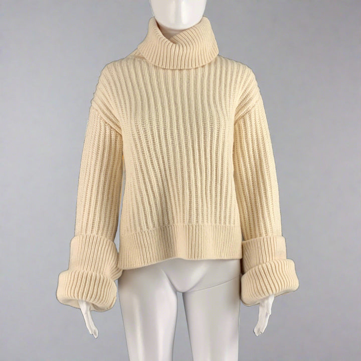 THE ROW Size XS Cream Wool Ribbed Turtleneck Sweater