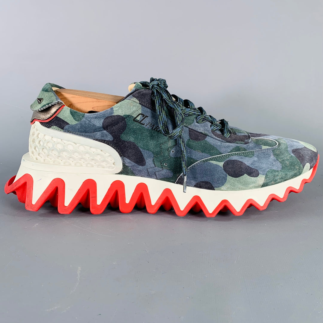 CHRISTIAN LOUBOUTIN Size 12 Green Blue Camouflage Suede Red Sole Sneakers