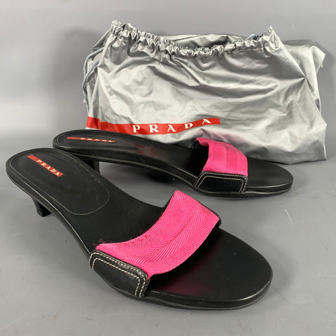PRADA Size 8 Black Pink Nylon Mixed Materials Leather Trim Slip On Sandals