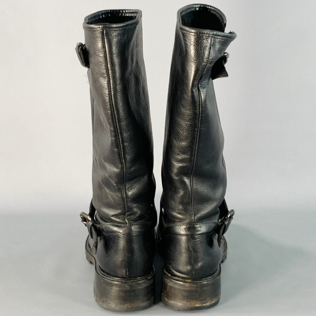 FENDI Size 9 Black Leather Shearling Lined Pull On Buckle Boots