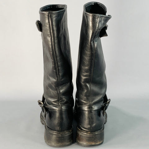 FENDI Size 9 Black Leather Shearling Lined Pull On Buckle Boots
