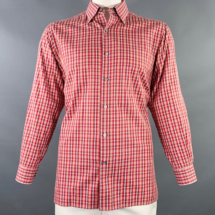 ERMENEGILDO ZEGNA Size L Red Brown Plaid Cotton Curved Cutaway Long Sleeve Shirt