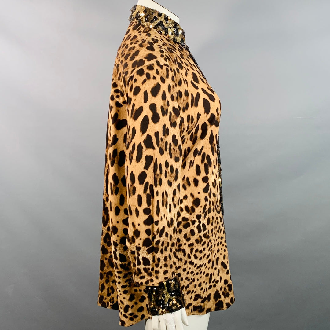 DOLCE & GABBANA Size L Brown Viscose Blend Leopard Sequin Trim Snaps Shirt