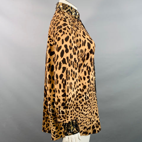 DOLCE & GABBANA Size L Brown Viscose Blend Leopard Sequin Trim Snaps Shirt