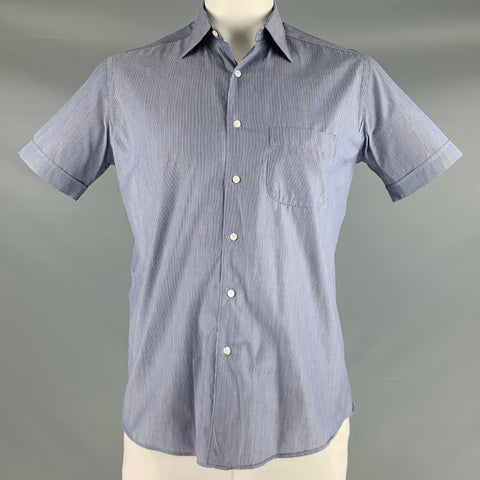 FABIO INGHIRAMI Size L Blue White Stripe Cotton One Pocket Short Sleeve Shirt