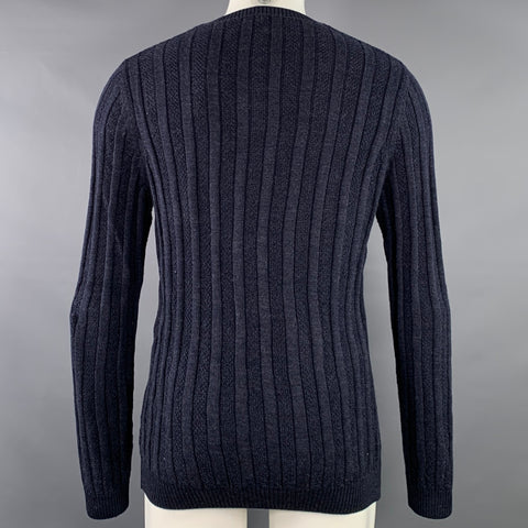 LENOR ROMANO Size M Navy Cable Knit Merino Wool V-Neck Pullover