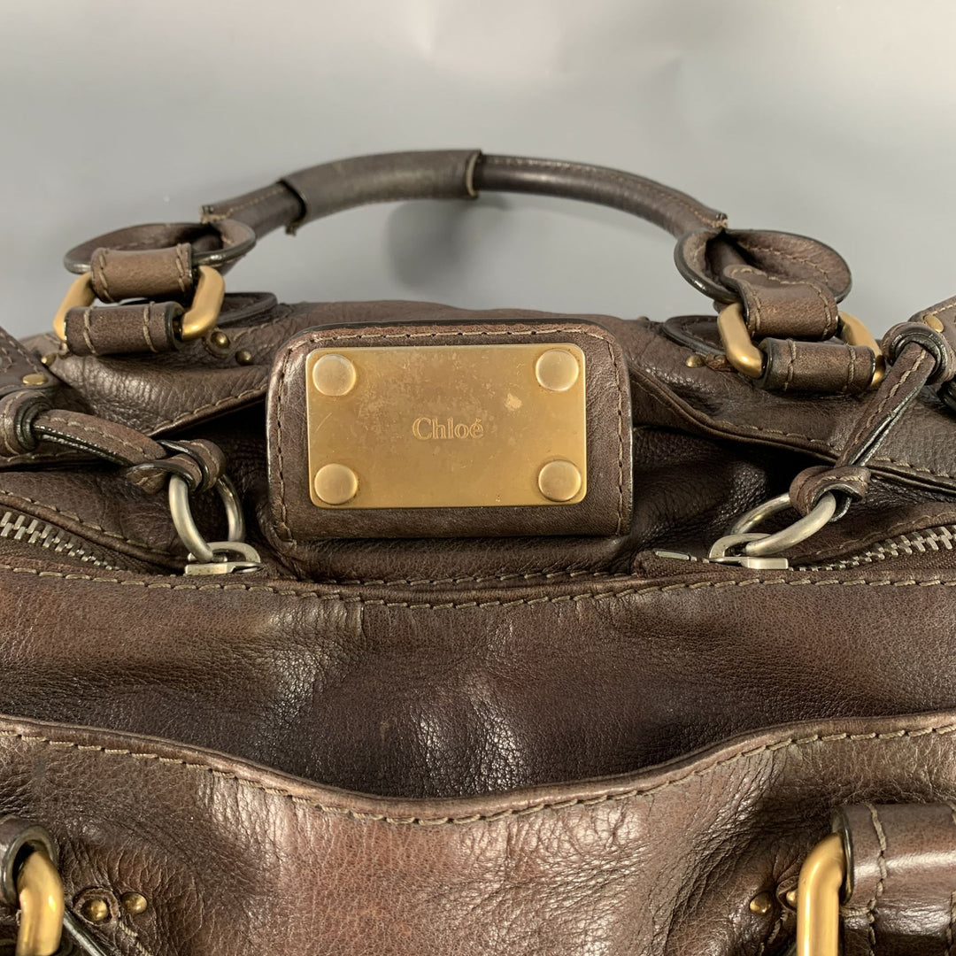CHLOE Brown Gold Pebble Grain Leather Satchel Bag