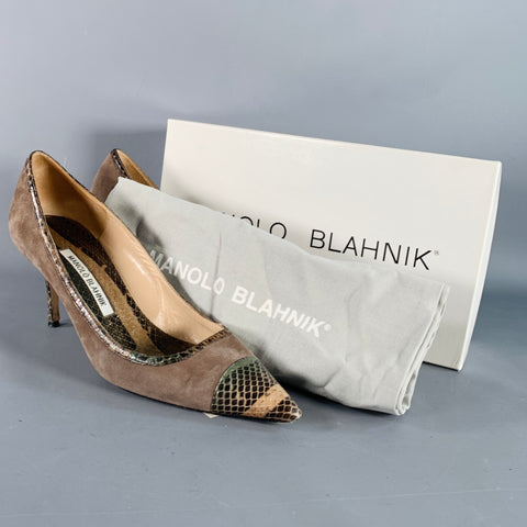 MANOLO BLAHNIK Size 8 Tan Brown Suede Snakeskin Cap Toe Pumps