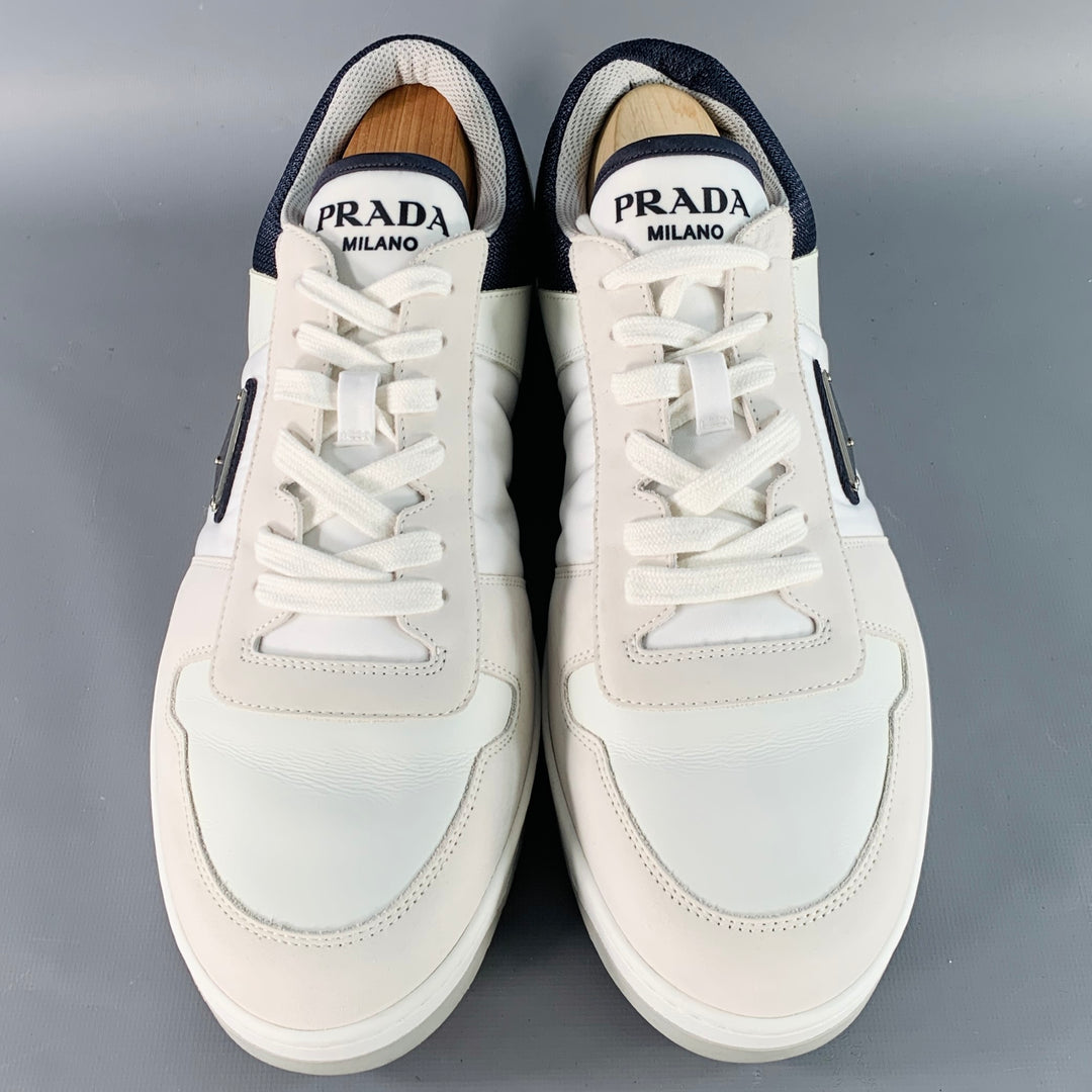 PRADA Size 11 White Navy Color Block Logo Leather Nylon Mesh Sneakers