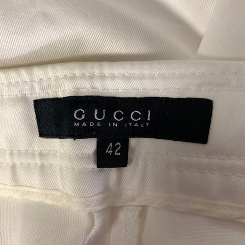 GUCCI Size 6 White Gold Cotton Flared Belted Pants