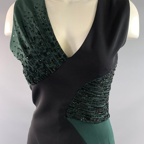 GIANNI VERSACE FW2018 Size 6 Black Green Viscose Blend Beaded V Neck Cocktail Dress