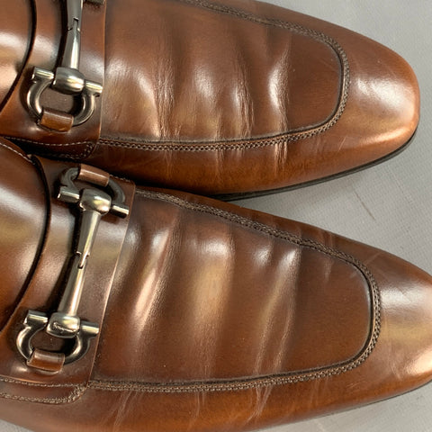 SALVATORE FERRAGAMO Size 10.5 Giant Brown Silver Leather Horsebit Loafers