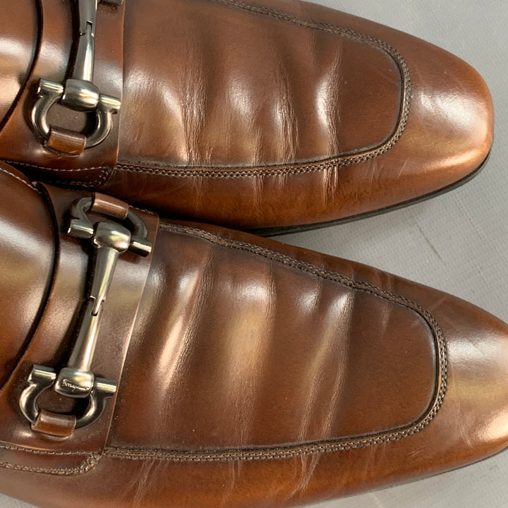SALVATORE FERRAGAMO Size 10.5 Giant Brown Silver Leather Horsebit Loafers