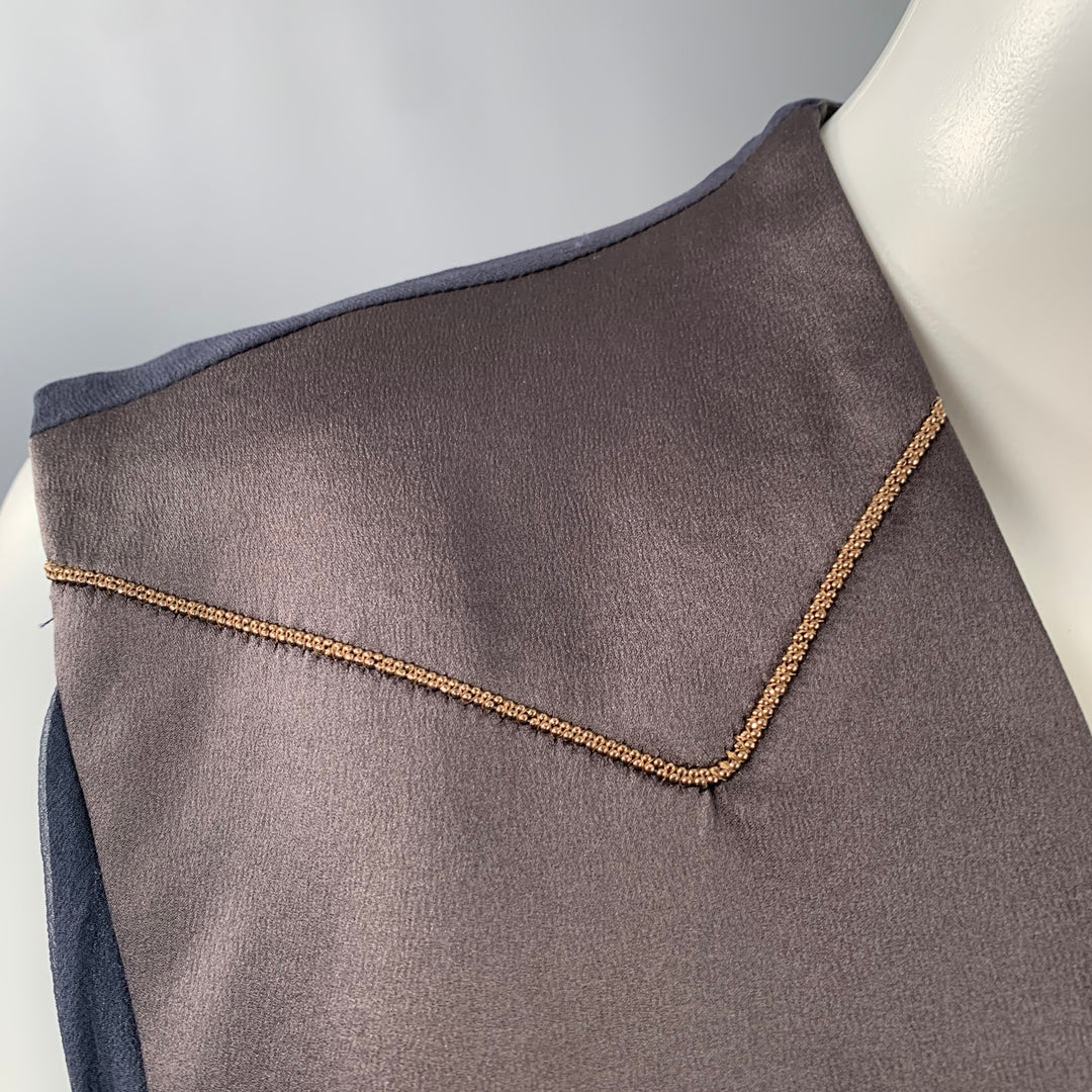 BRUNELLO CUCINELLI Size S Navy Black Chiffon Two Tone Monili Beading V-Neck Blouse