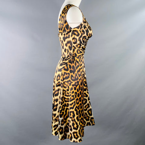 Robe de cocktail sans manches JUST CAVALLI, taille 2, marron noir, mélange de polyester, imprimé animal, froncée, décolleté goutte d'eau