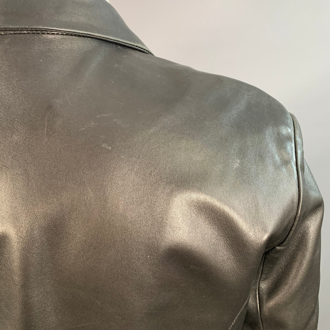 BALLY Size 12 Black Leather Hidden Buttons Jacket Blazer