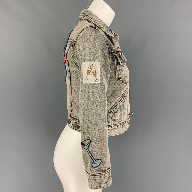 MARC JACOBS Size XS Paradise Black Denim Acid Wash Cropped Pins Jacket