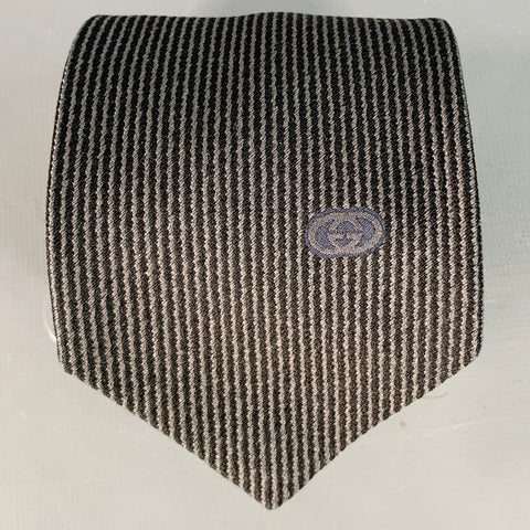GUCCI Black Grey Stripe Silk Tie