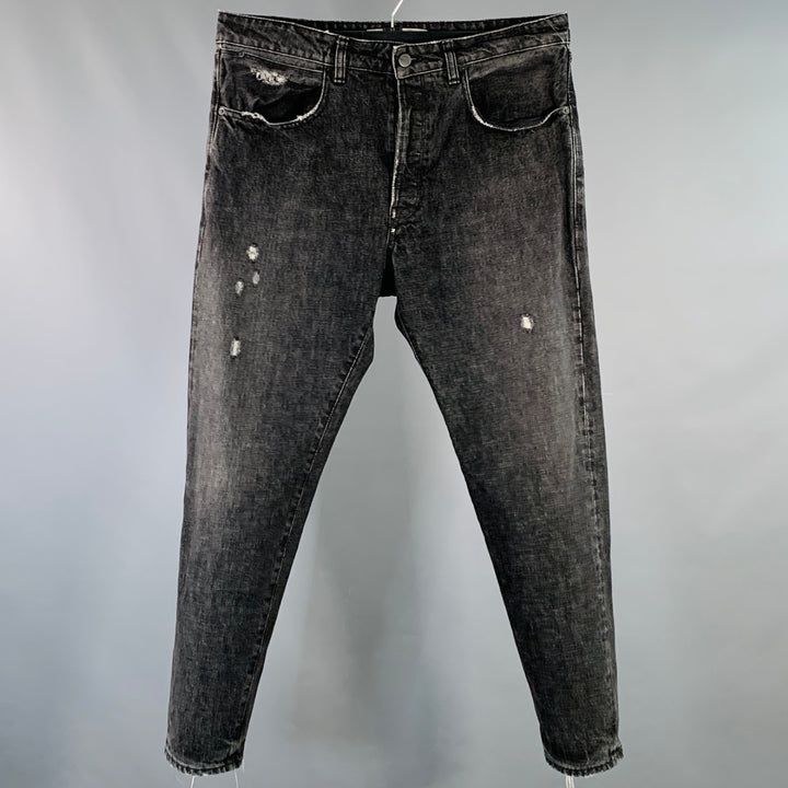 GOLDEN GOOSE Size 34 Black Washed Selvedge Denim Tapered Distressed Jeans