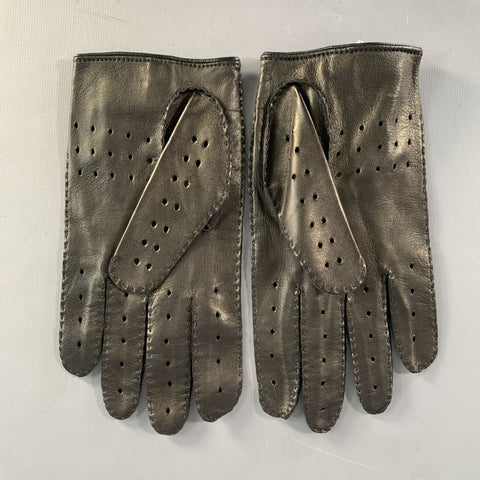 BURBERRY Size 8 Black Gold Perforated Lambskin Leather Gloves