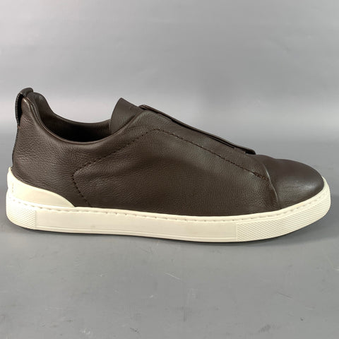 ZEGNA Size 9 Brown Pebble Grain Leather Slip On Sneakers