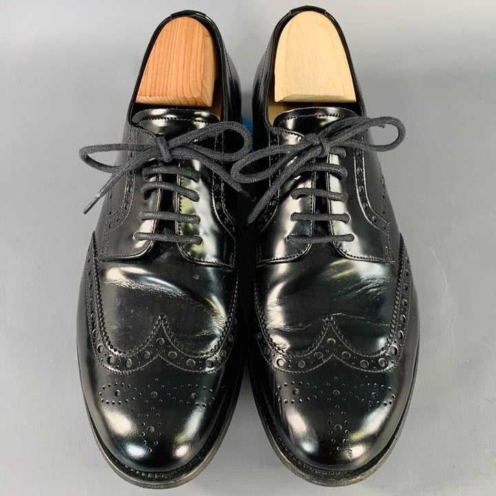 PRADA Size 9.5 Black Leather Perforated Wingtip Derby Lace-Up Shoes
