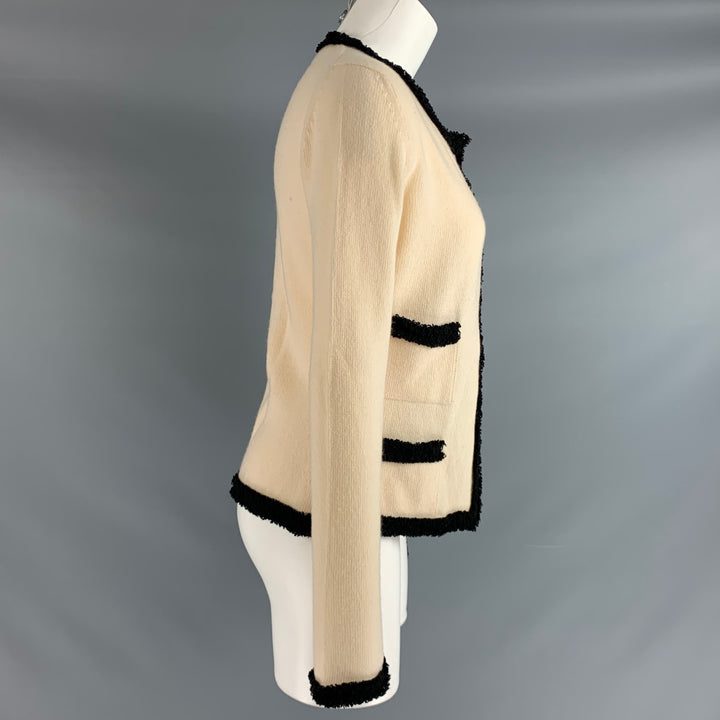 CHANEL Taille M Crème Noir Cachemire Bordure contrastée Cardigan ouvert sur le devant