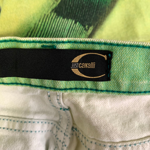 JUST CAVALLI Size 32 Green Black Cotton Blend Graphic Flared Jeans