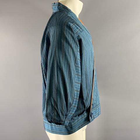 Size L Blue Orange Stripe Polyester Blend Shawl Collar Shirt