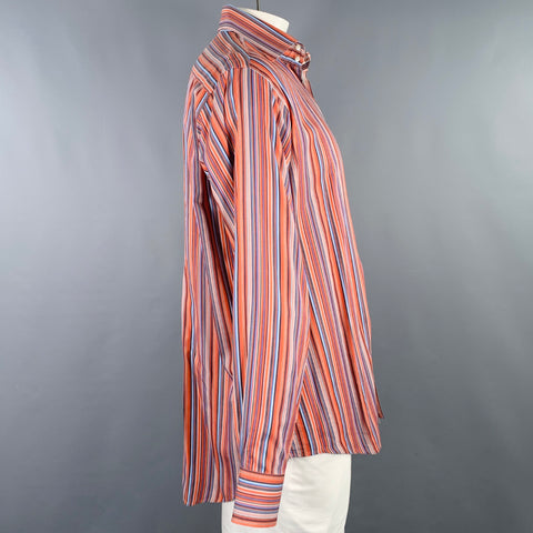 THOMAS DEAN Size XL Orange Blue Stripe Cotton Long Sleeve Shirt