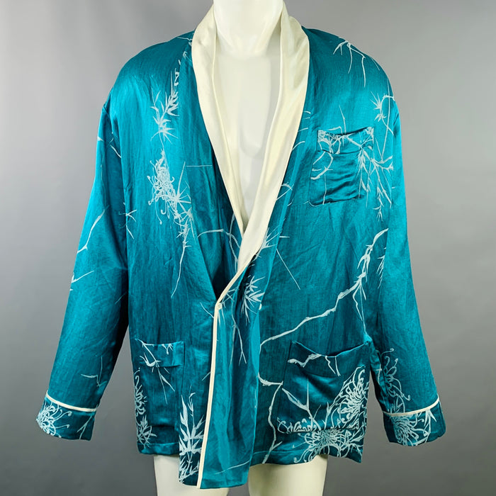 HAIDER ACKERMANN Taille S Veste col châle en lin et soie jacquard sarcelle et blanc