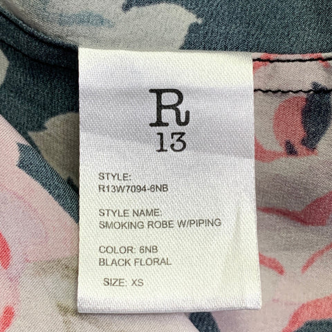 R13 Size XS Black Multi Color Silk Floral Shawl Collar Smoking Robe
