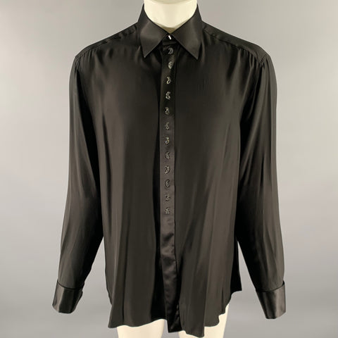 STEFANO RICCI Size XL Black Silk Hidden Placket Long Sleeve Shirt