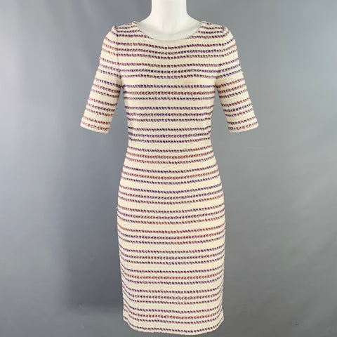 ST. JOHN Size 2 Cream Red Blue Cotton Blend Stripe Sheath Midi Dress