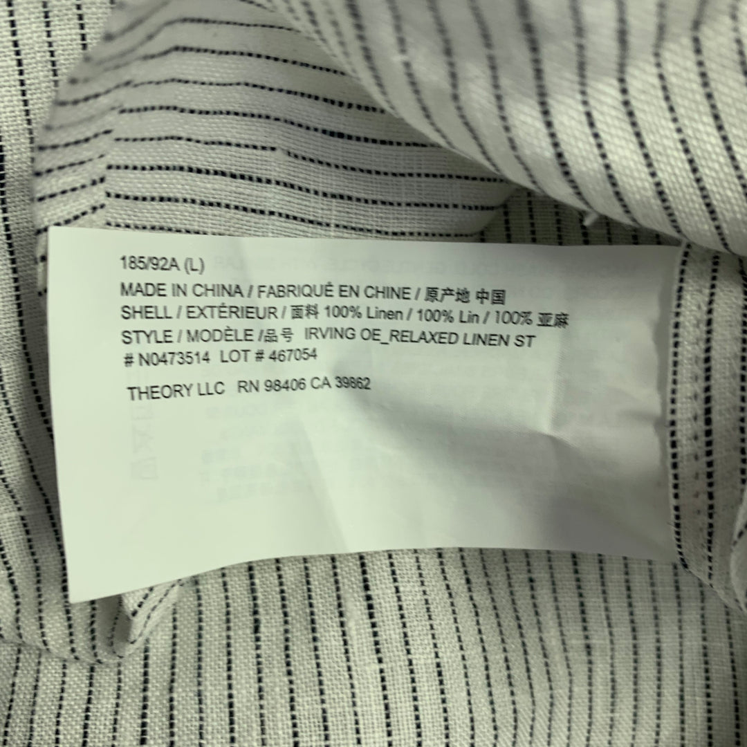 THEORY Size L Irving White Navy Pinstripe Linen Long Sleeve Shirt