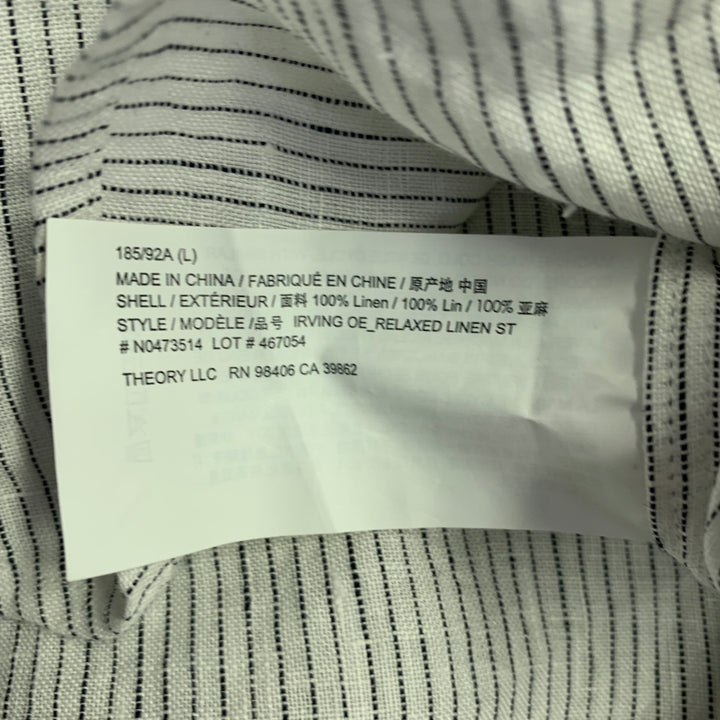 THEORY Size L Irving White Navy Pinstripe Linen Long Sleeve Shirt