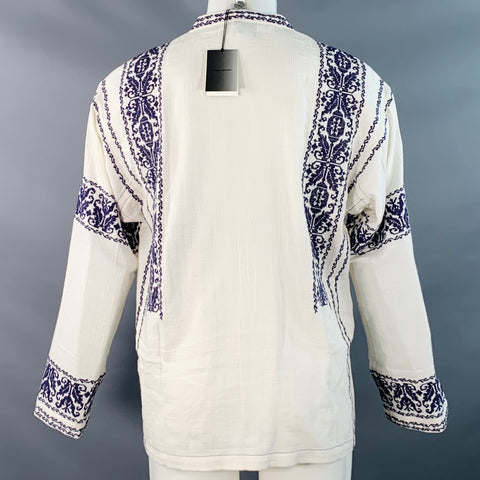 ISABEL MARANT Size M Piperi White Navy Embroidery Cotton V-Neck Pullover