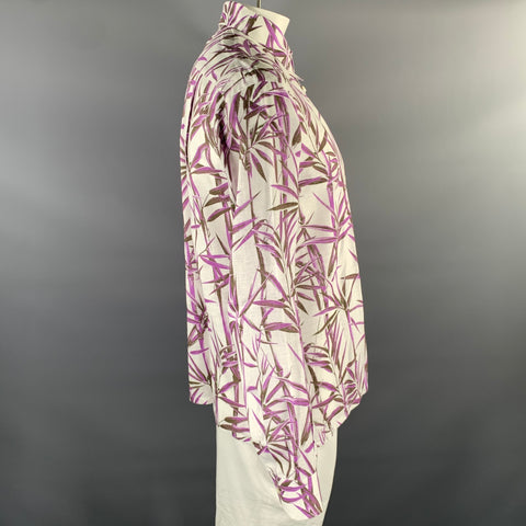 BRIONI Size L White Purple Brown Bamboo Linen Long Sleeve Shirt