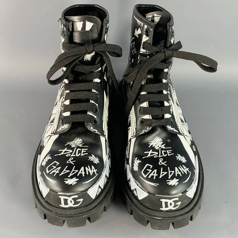 DOLCE & GABBANA Size 8 Black White Painted Chunky Lug Sole Combat Boots