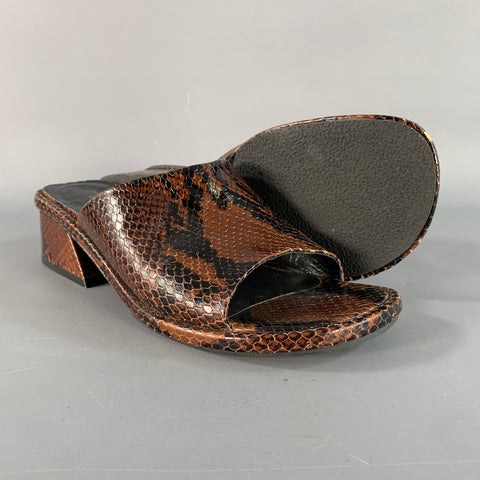 DRIES VAN NOTEN Size 8 Brown Black Snake Embossed Leather Open Toe Sandals