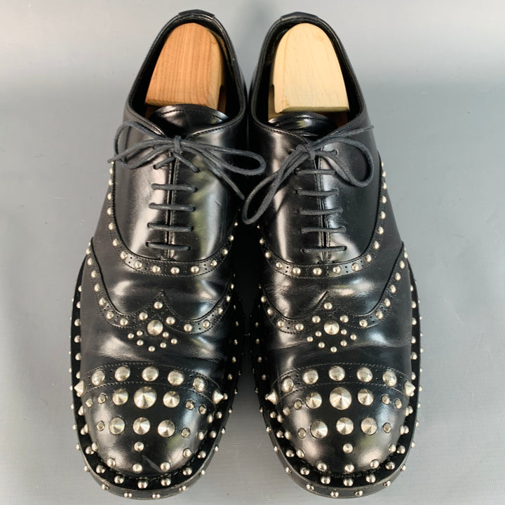 PRADA Size 10 Black Silver Studded Leather Cap Toe Lace Up Shoes