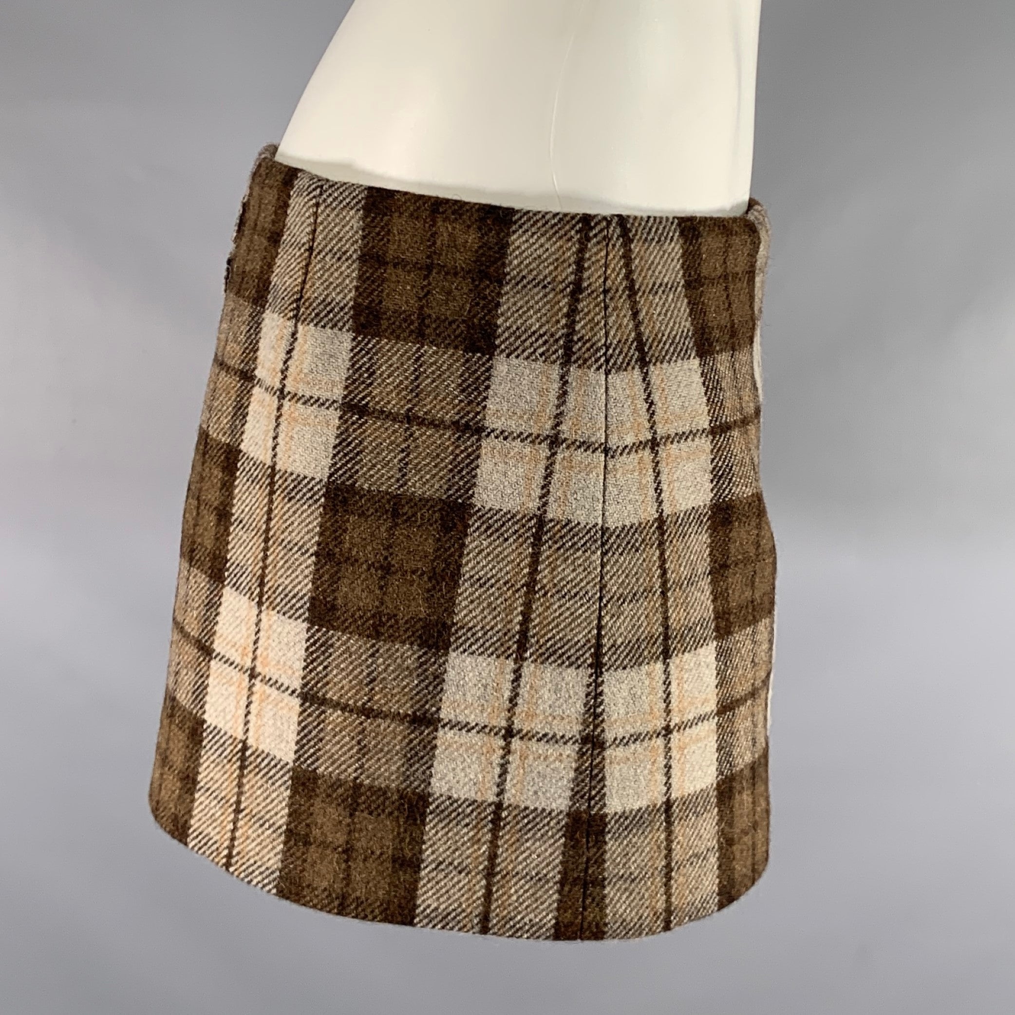MIU MIU Size 2 Beige Brown Wool Blend Plaid Leather Mini