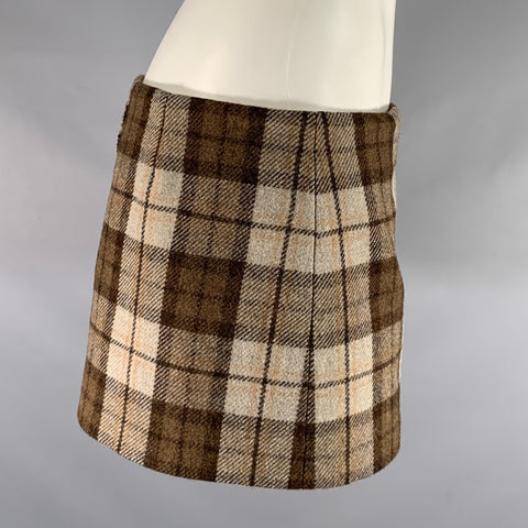 MIU MIU Size 2 Beige Brown Wool Blend Plaid Leather Mini Skirt