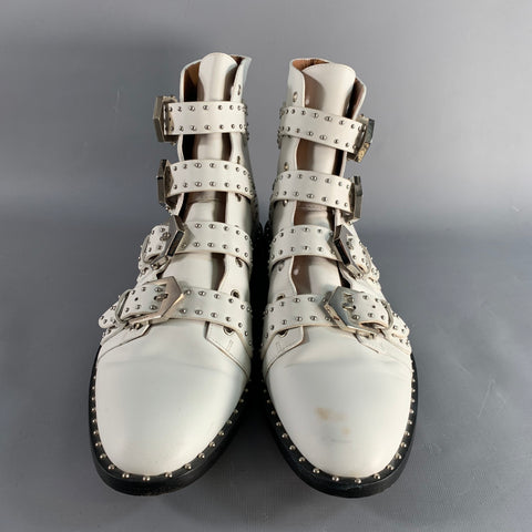 GIVENCHY Size 8 White Studded Leather Belted Boots